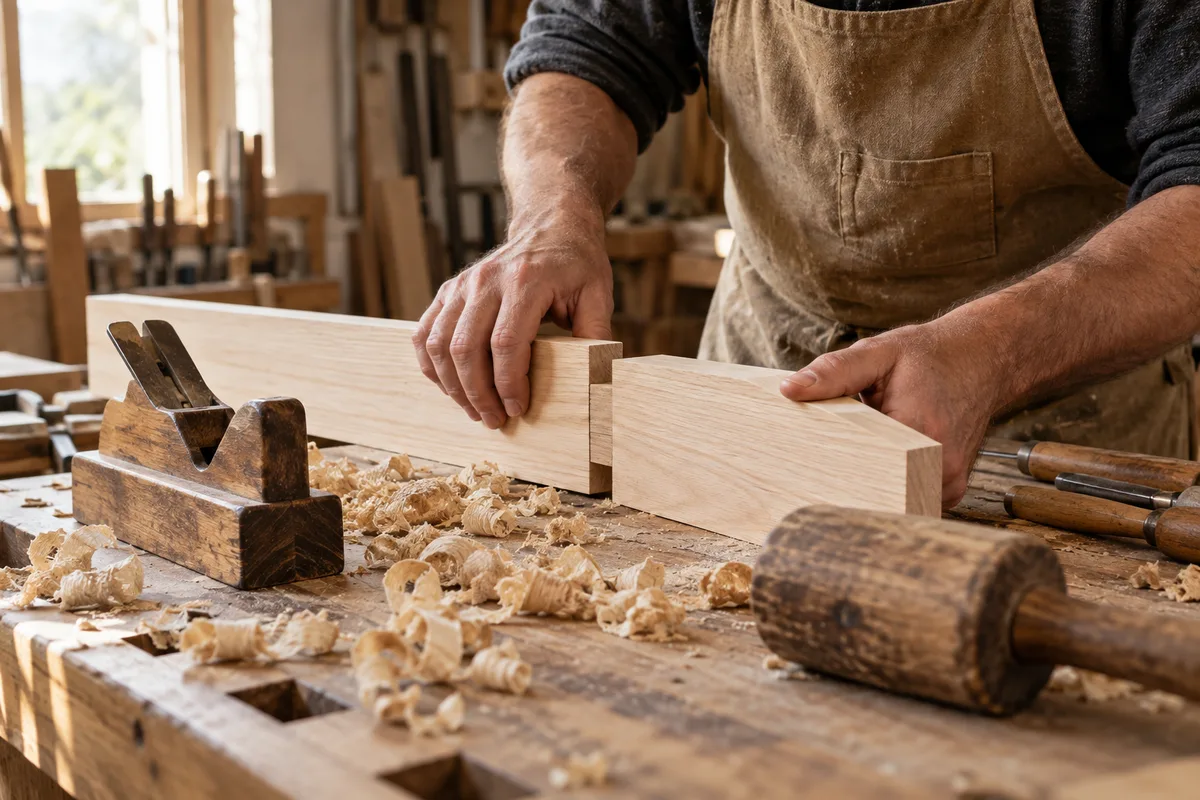 Mains d&rsquo;un artisan en tablier assemblant deux planches de bois clair sur un établi couvert de copeaux