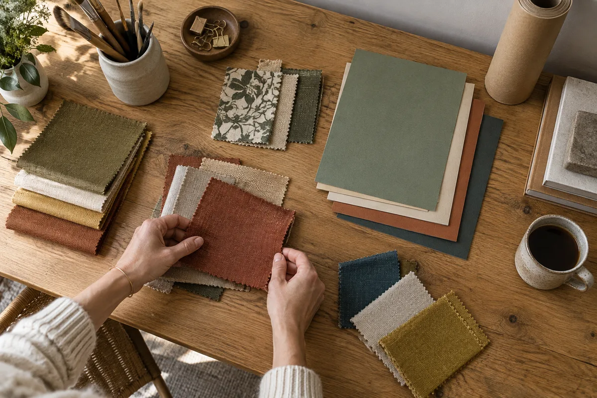 Mains disposant des échantillons de tissu et des chemises cartonnées de couleur sur une grande table en chêne