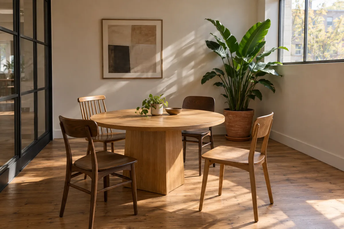 Petite salle de réunion vide avec table ronde en bois clair, quatre chaises dépareillées et plante verte en pot de terre cuite