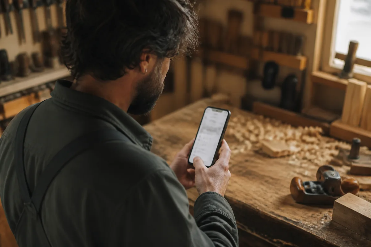 Artisan consultant les avis clients de son entreprise sur un téléphone dans son atelier