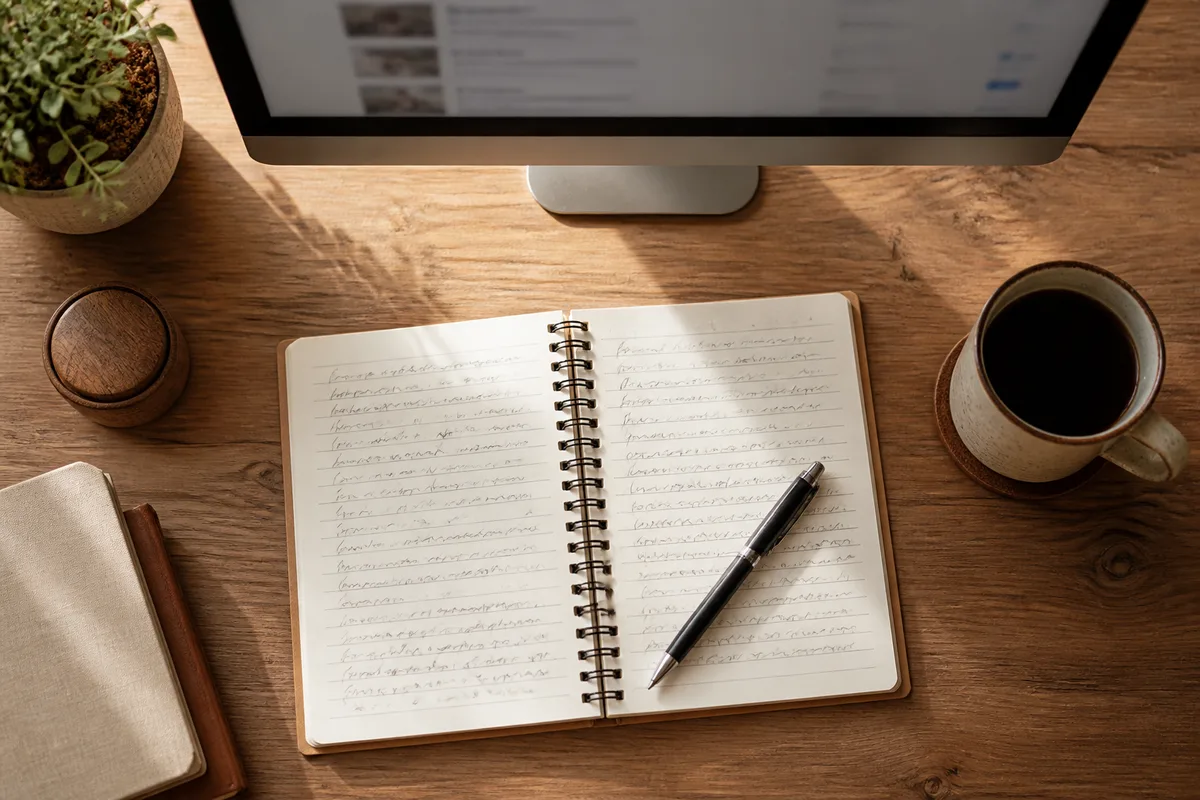 Bureau avec carnet de notes, stylo et écran affichant une liste de résultats de recherche
