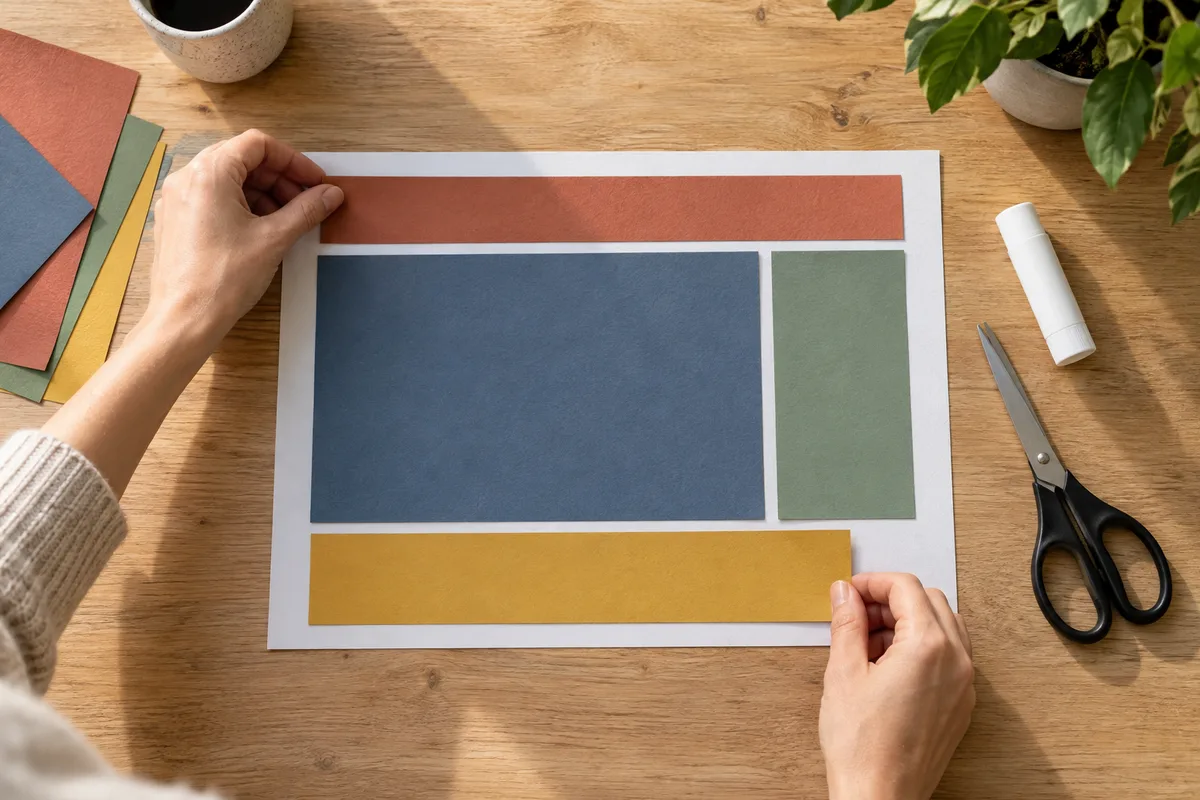 Mains qui emboîtent des rectangles de papier coloré comme les blocs d&rsquo;une page