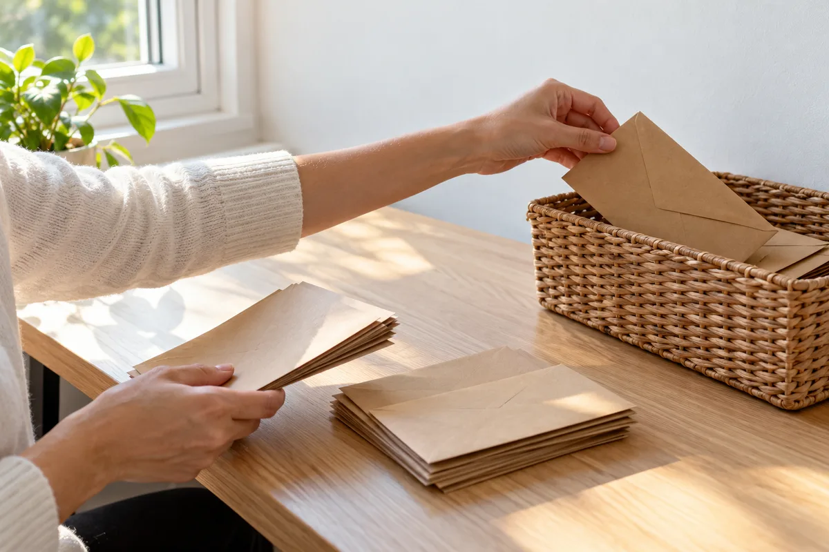 Mains qui trient des enveloppes kraft sur un bureau en chêne clair