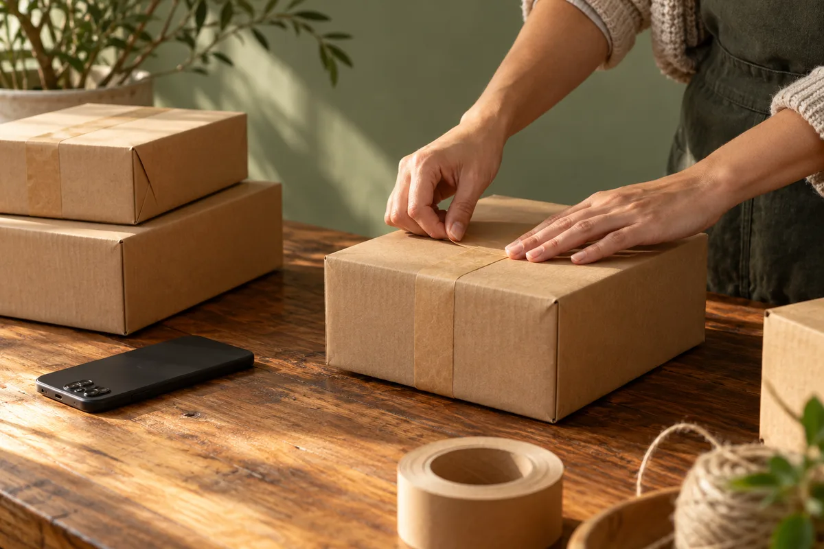 Comptoir de boutique en bois avec des colis en carton brun et un smartphone retourné