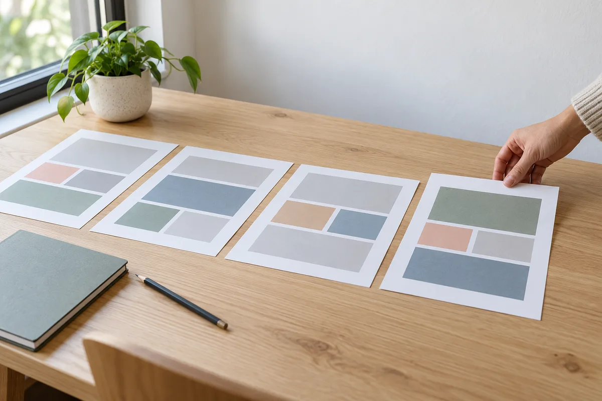 Maquettes de pages web sur papier étalées sur un bureau, une main posant une feuille