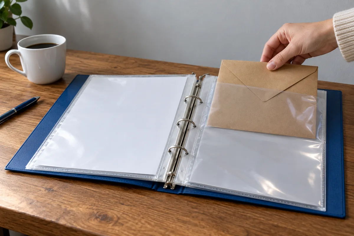 Classeur de livraison ouvert avec des pochettes transparentes sur un bureau de PME