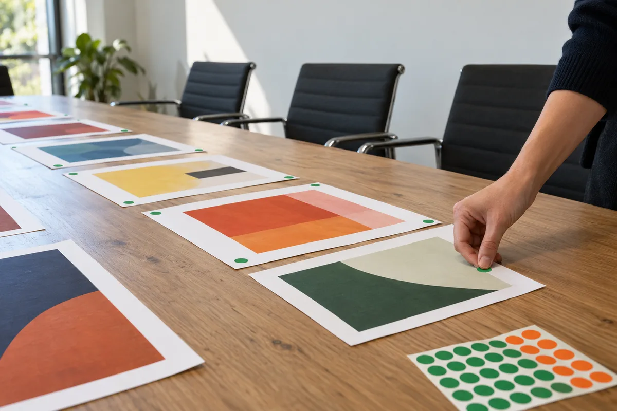 Feuilles imprimées alignées sur une table, une main posant des pastilles vertes de validation