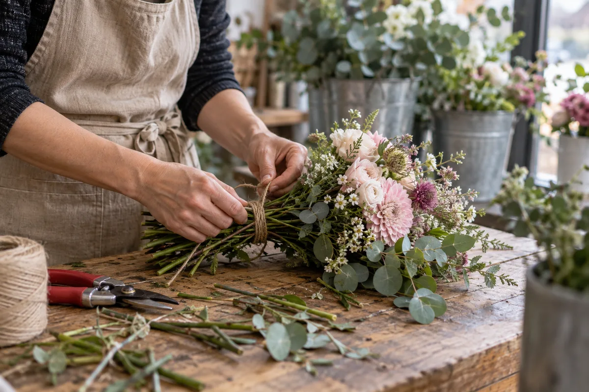 Mains d&rsquo;une fleuriste en tablier de toile nouant un bouquet de fleurs sur un comptoir en bois