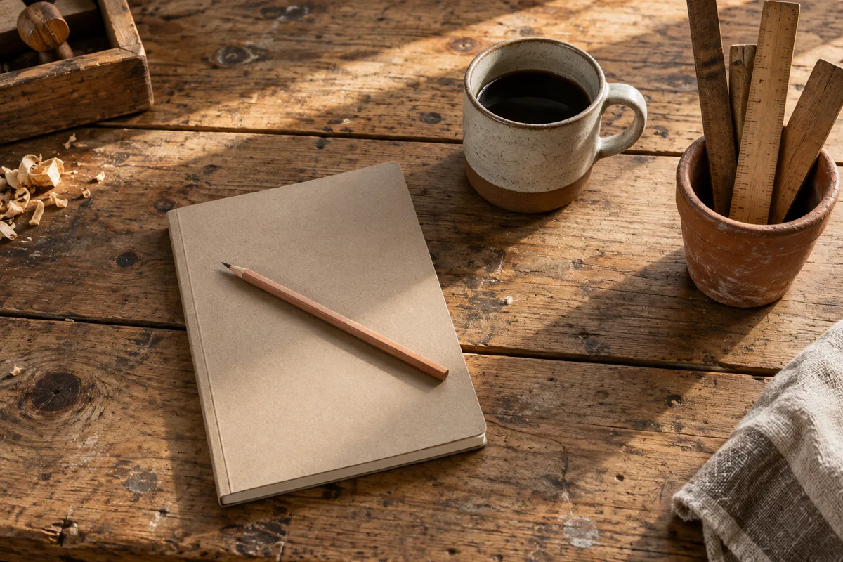 Table d&rsquo;atelier en bois brut avec un carnet fermé, un crayon posé en travers et une tasse en grès
