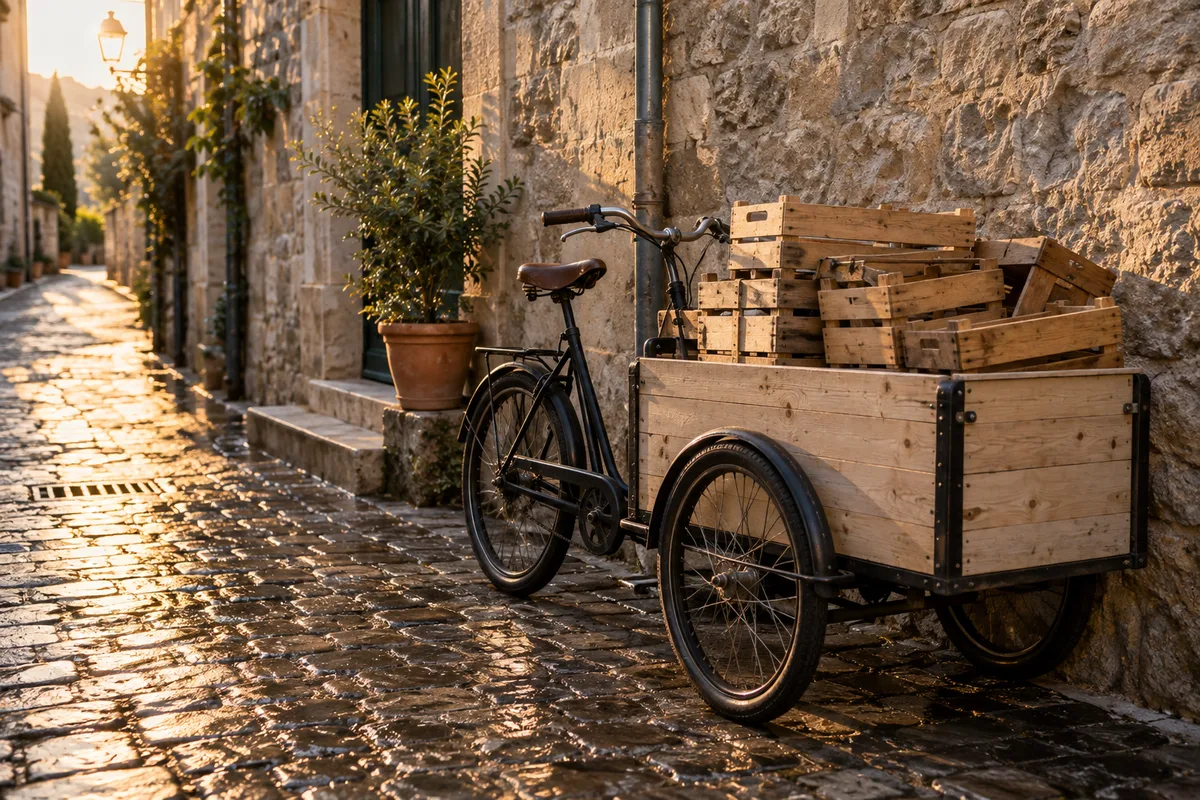 Vélo de livraison à caisse en bois garé contre un mur de pierre dans une ruelle pavée