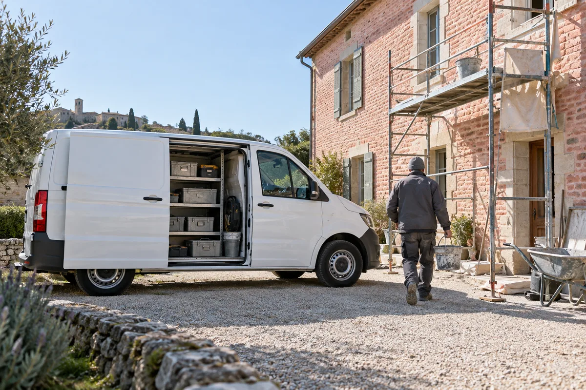 Utilitaire d’artisan garé devant une maison en brique rose en rénovation
