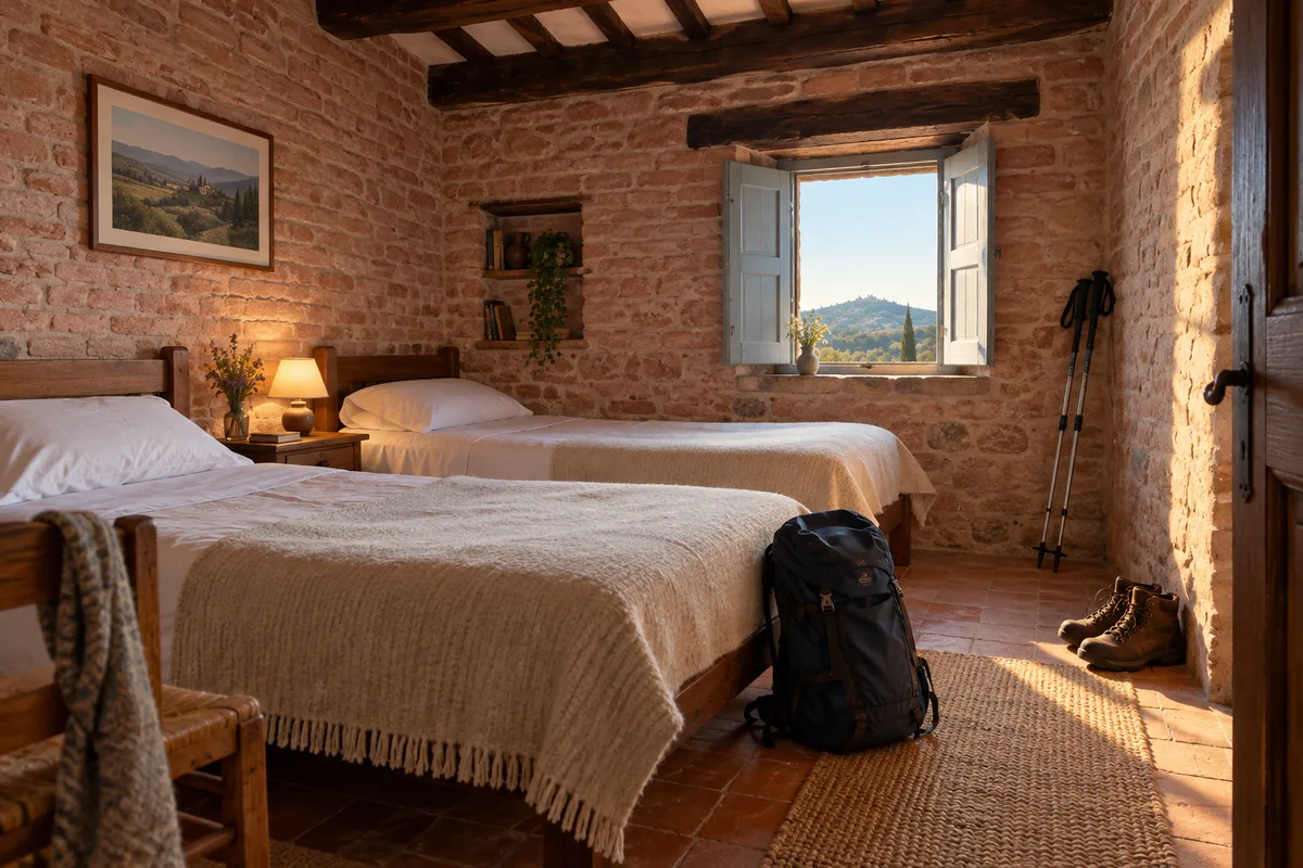 Chambre de gîte d’étape avec sac à dos et bâtons de marche au pied du lit