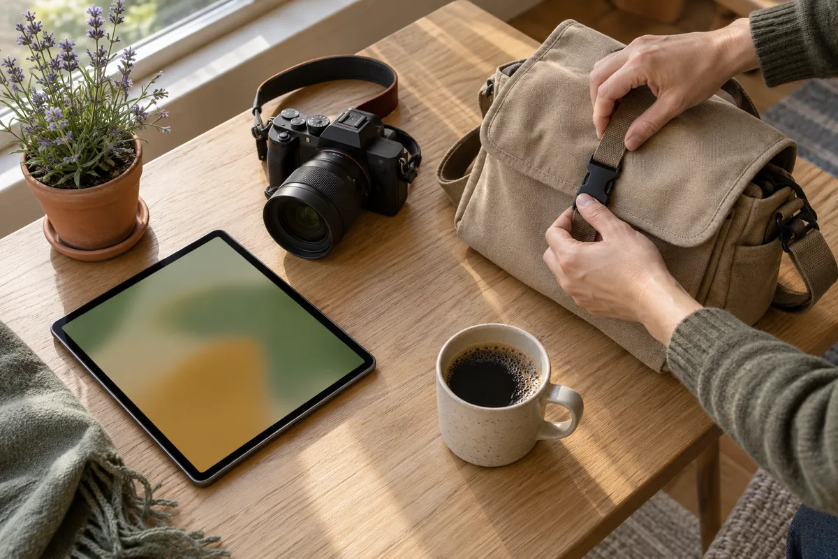 Appareil photo et tablette sur une table en bois avant un rendez-vous de projet