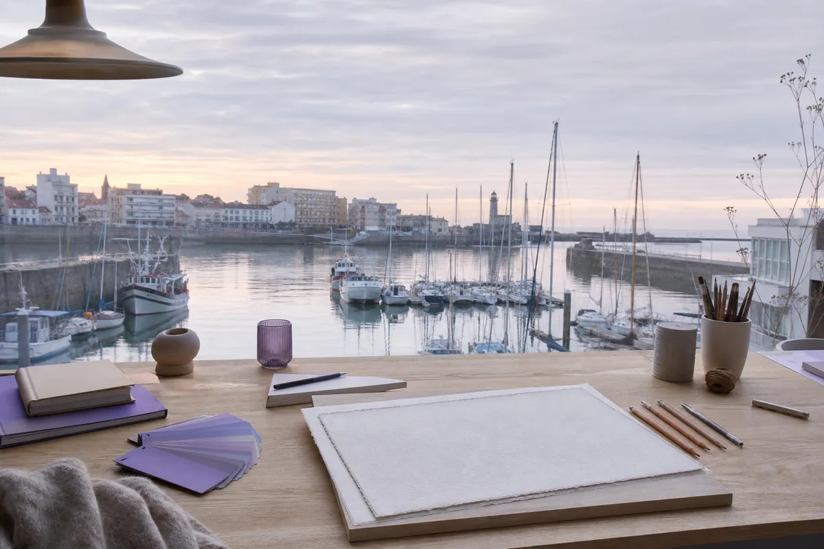 Vue du port des Sables-d&rsquo;Olonne au petit matin avec les bateaux à quai