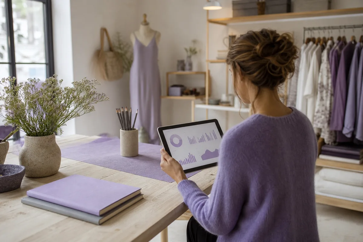 Commerçante consultant les statistiques de son site sur une tablette dans sa boutique