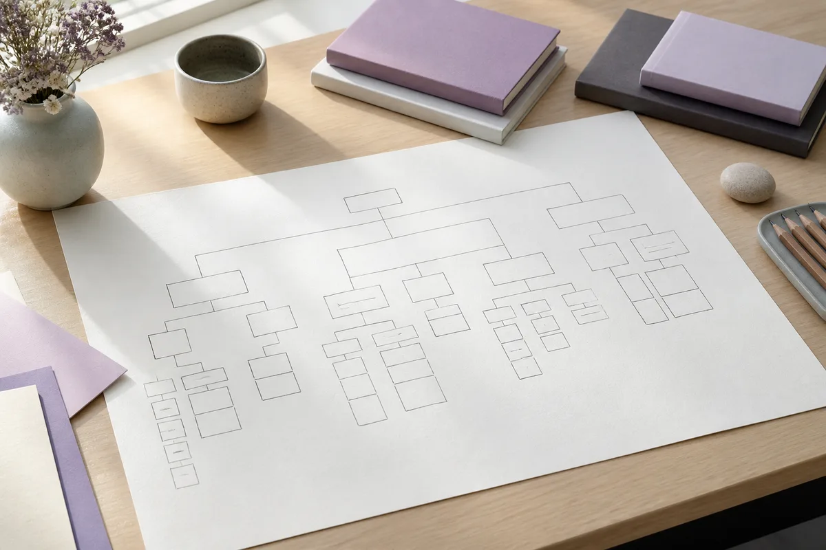 Plan d&rsquo;arborescence de site dessiné à la main sur une grande feuille