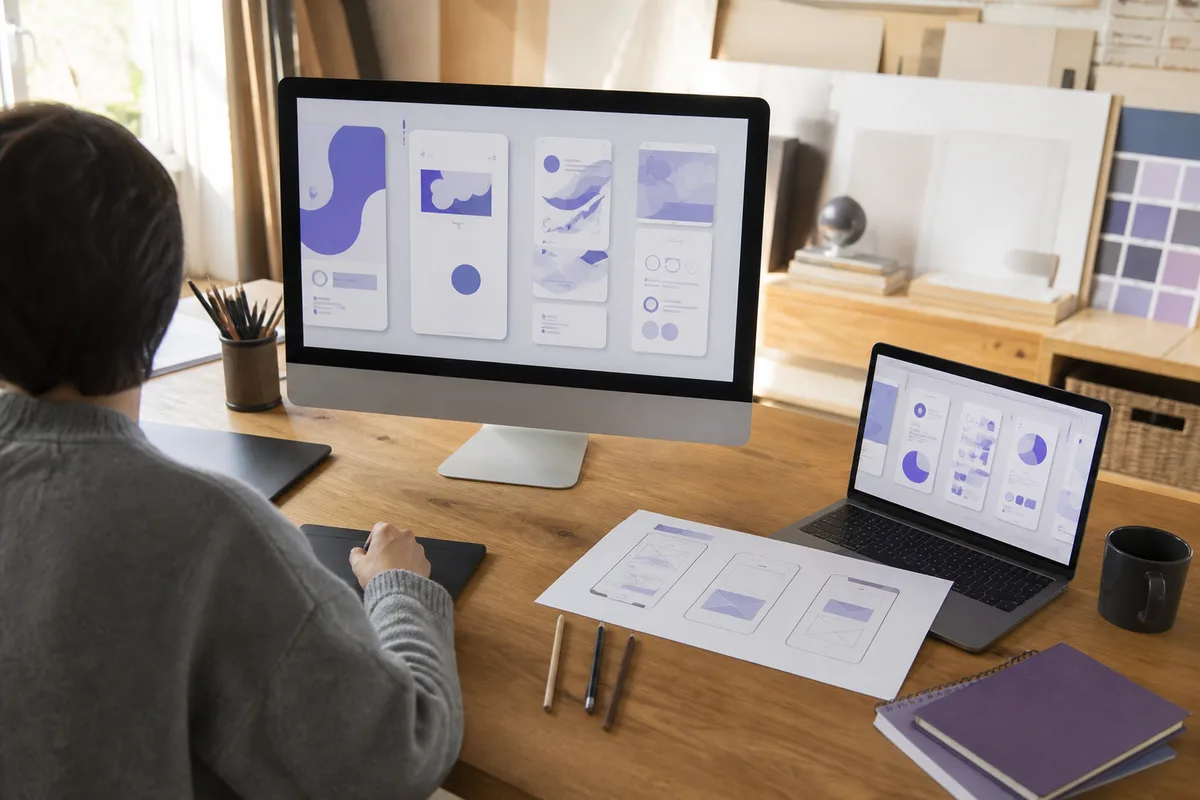 Webdesigner travaillant sur une maquette d&rsquo;interface avec plusieurs écrans
